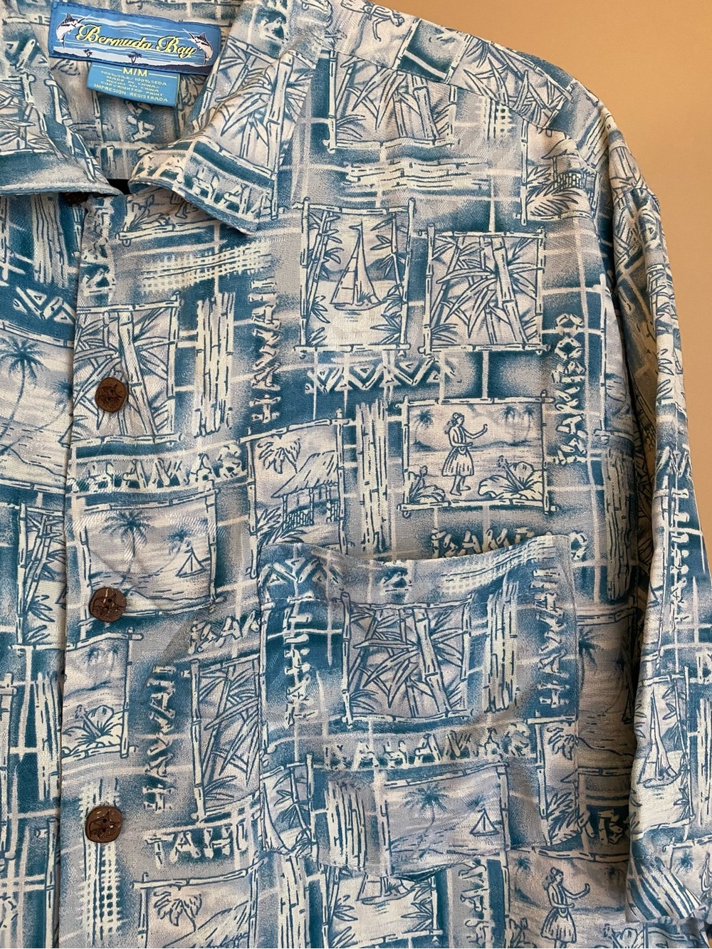 BERMUDA BAY 100% Silk Resortwear Button Down Short Sleeve Shirt in Blue - M - Picture 3 of 11
